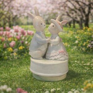 Porcelain bunny couple figurine musical box Norcrest victorian attire plays song